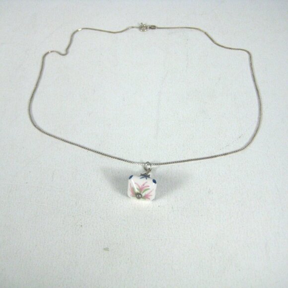 Italian Sterling Silver 925 Hand Painted Ceramic Pendant Necklace 19 in Chain - Picture 10 of 10